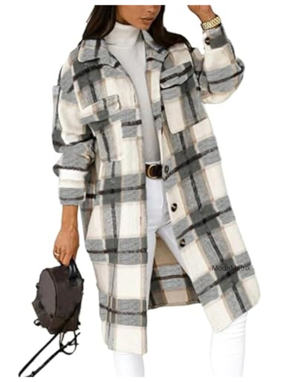 Women's Long Flannel Plaid Shacket Cozy Button Down Shirt Jacket Fuzzy Trench